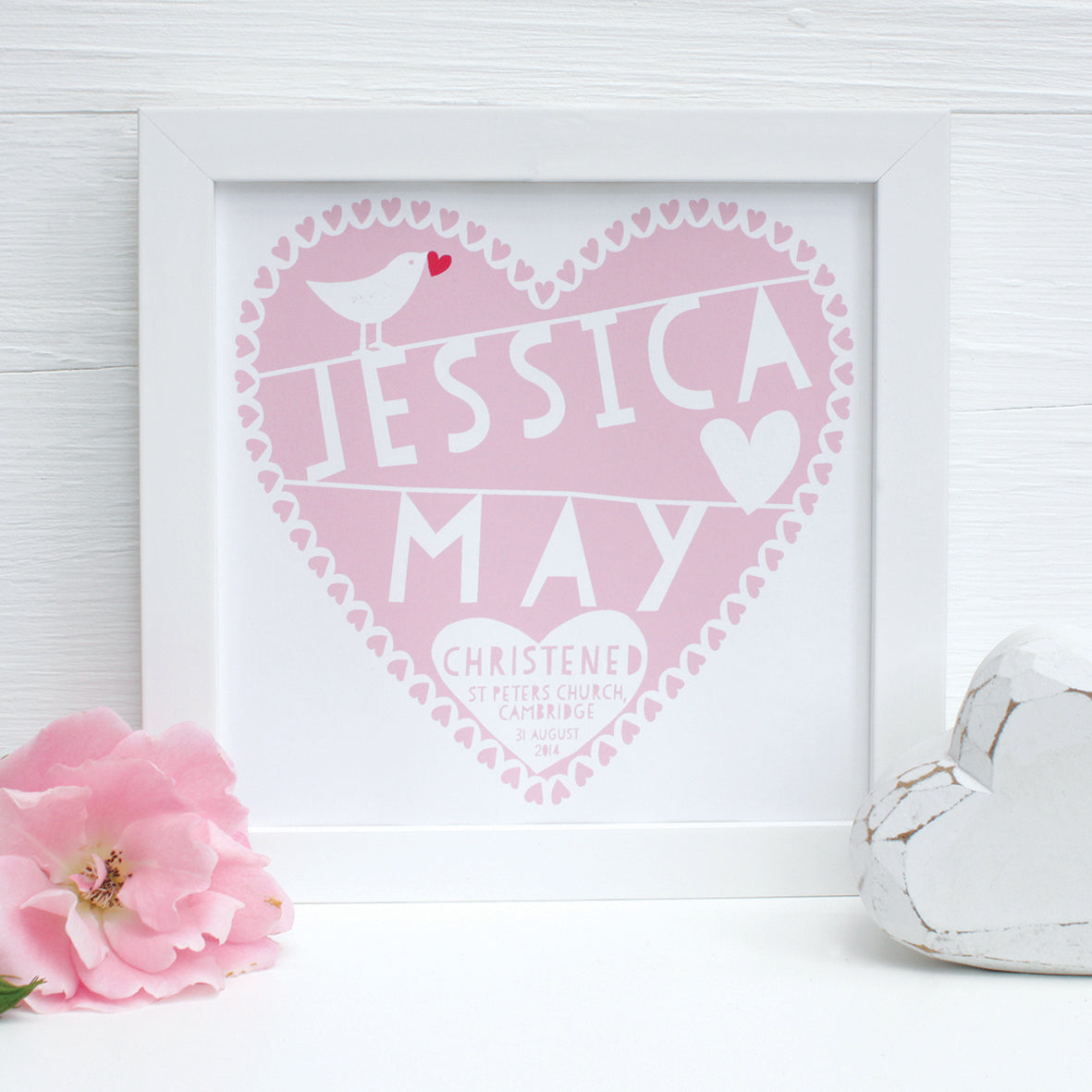 personalised blush christening heart print, white frame
