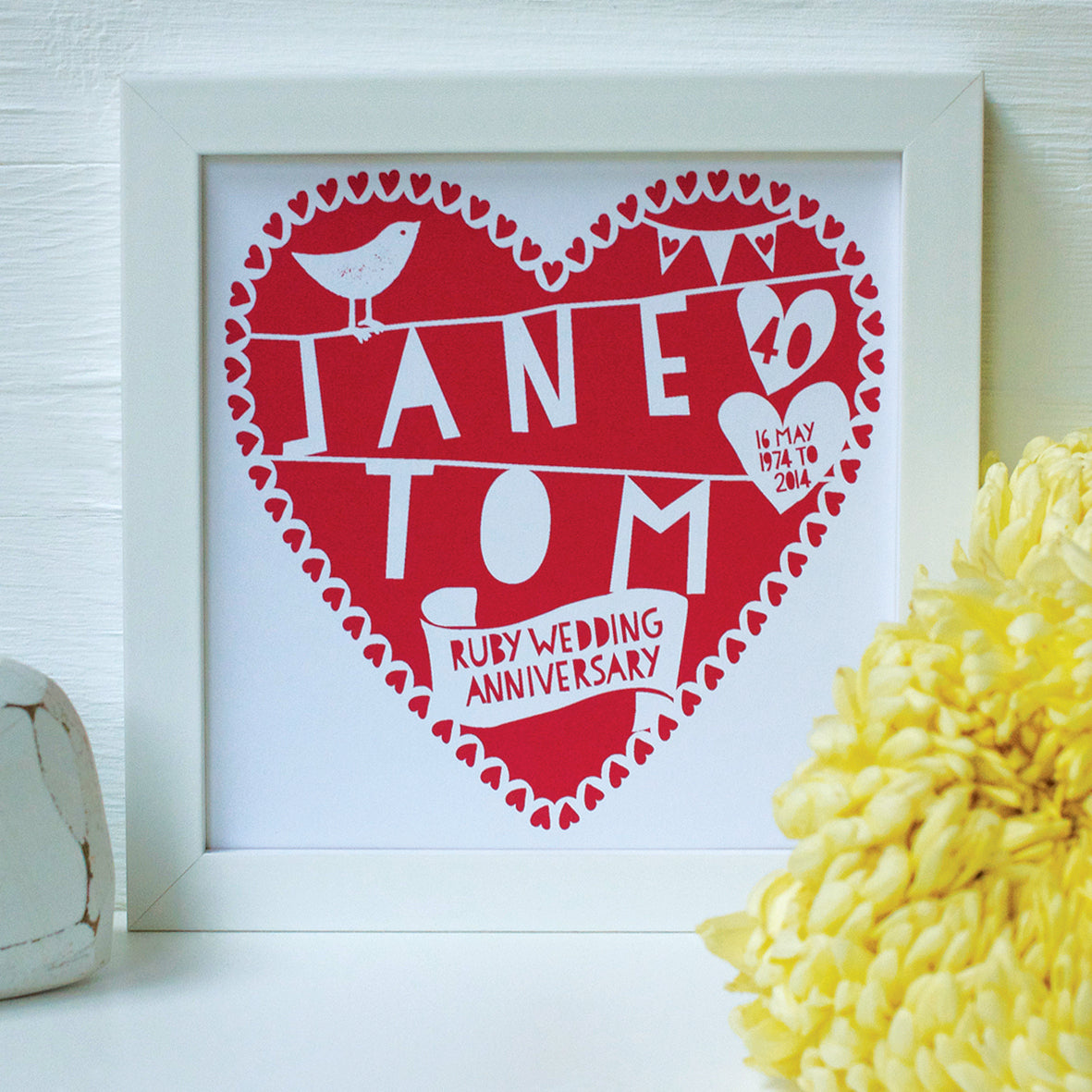 personalised ruby red 40th anniversary print, white frame