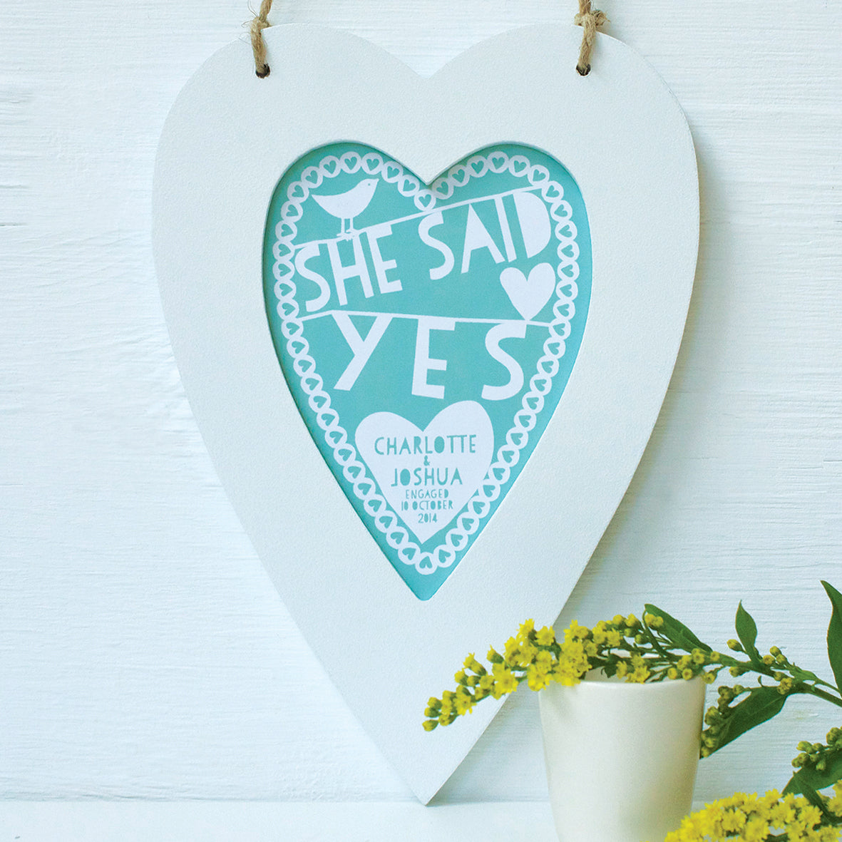 personalised aqua engagement print, white heart frame