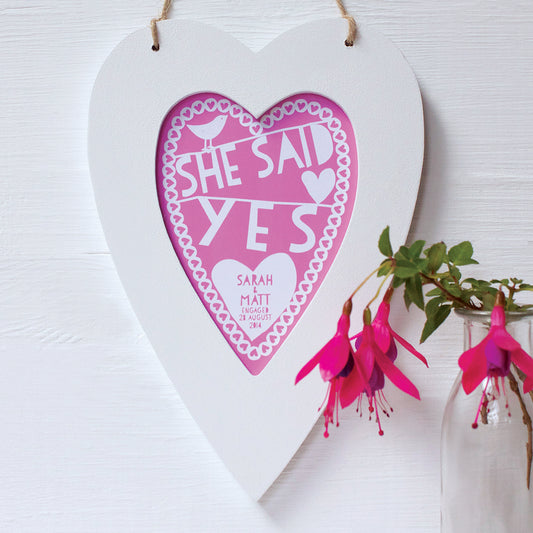 personalised raspberry engagement print, white heart frame