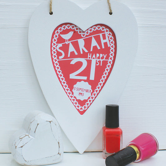 personalised coral 21st birthday print, white heart frame