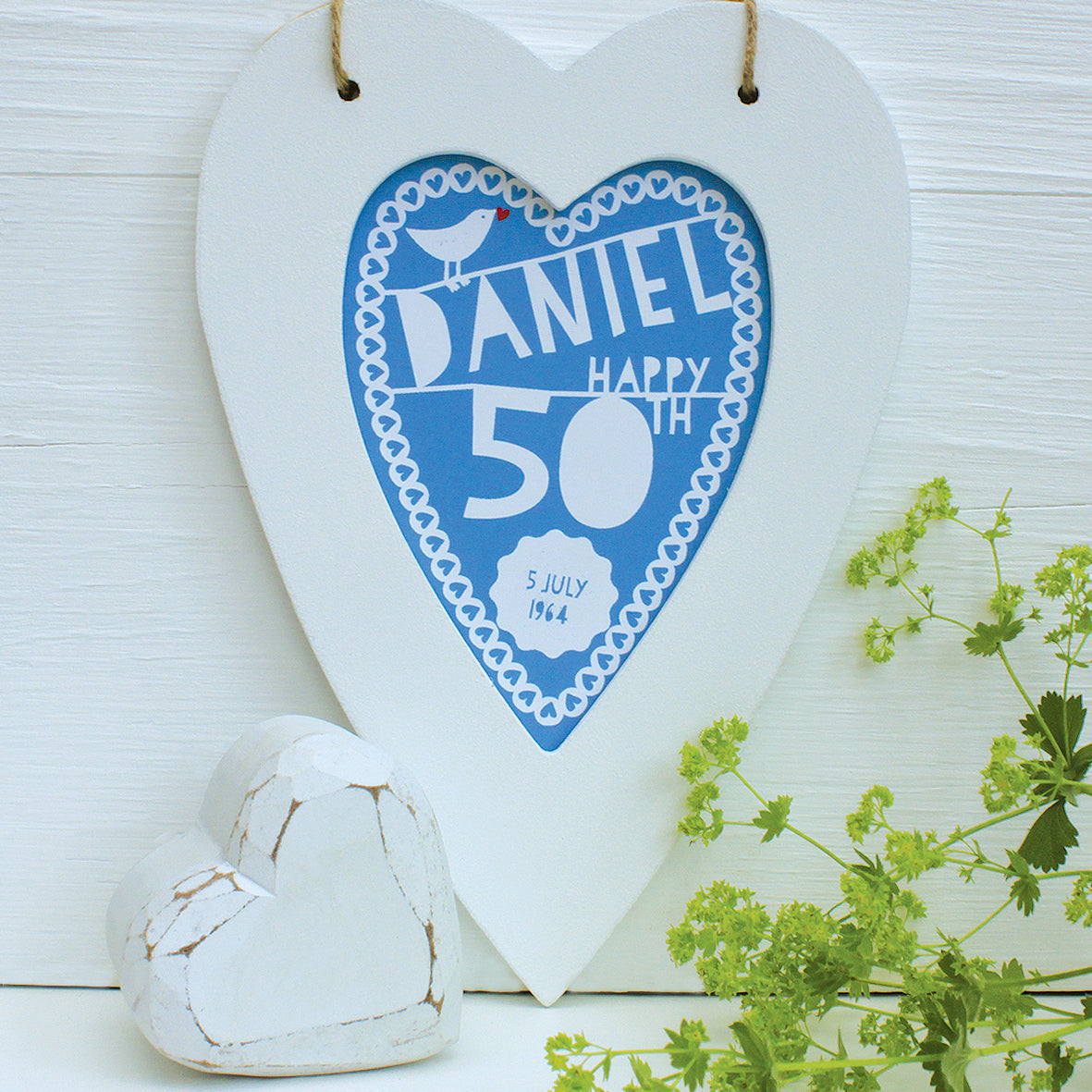 personalised french blue 50th birthday print, white heart frame
