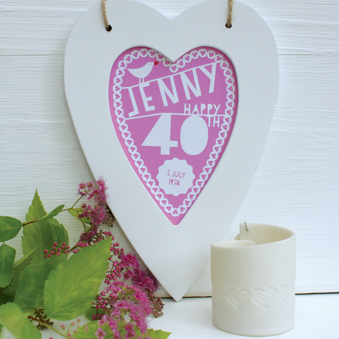 personalised raspberry 40th birthday print, white heart frame