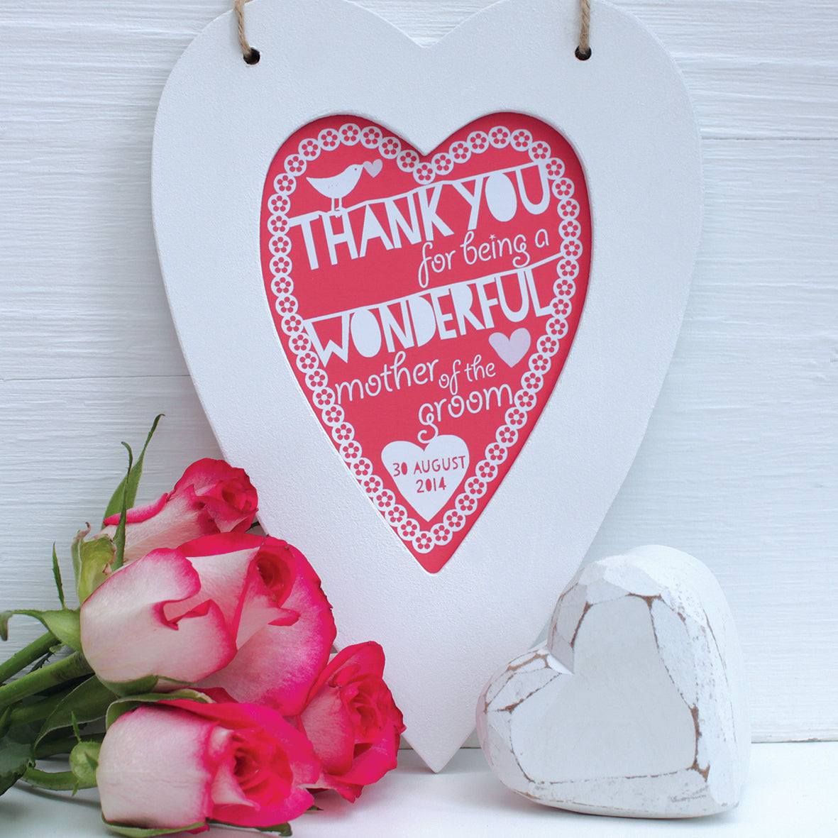 personalised mother of the bride heart, geranium