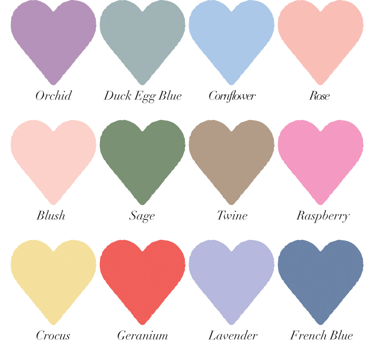 12 coloured heart swatches