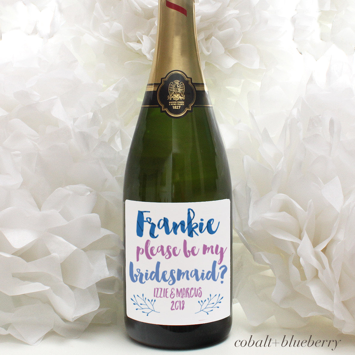 personalised cobalt and blueberry lettering on champagne label, bridesmaid