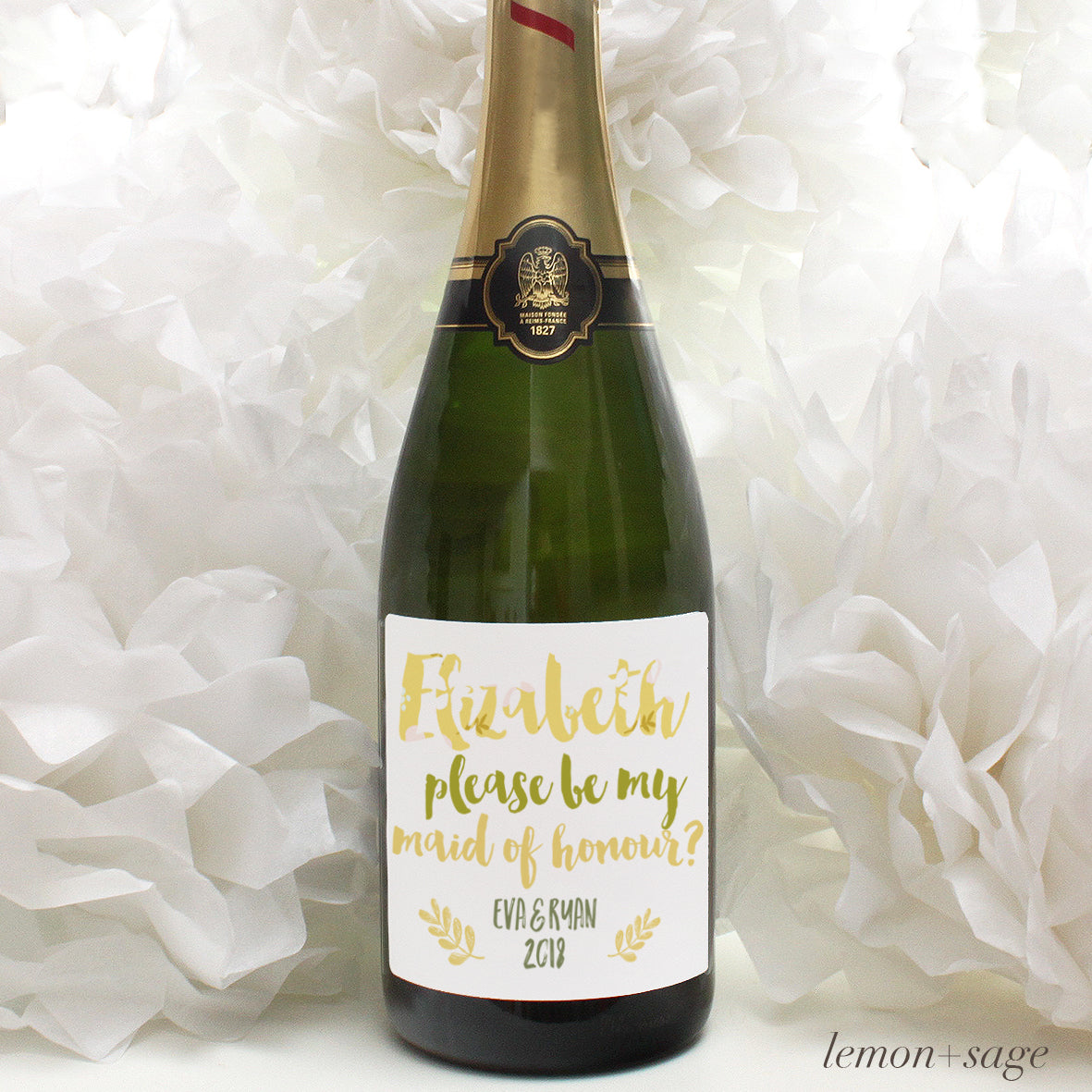 personalised lemon and sage lettering on champagne label, bridesmaid
