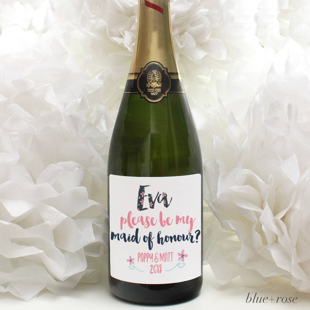 personalised blue and rose lettering on champagne label, bridesmaid