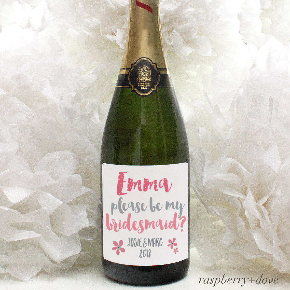 personalised raspberry and dove lettering on champagne label, bridesmaid