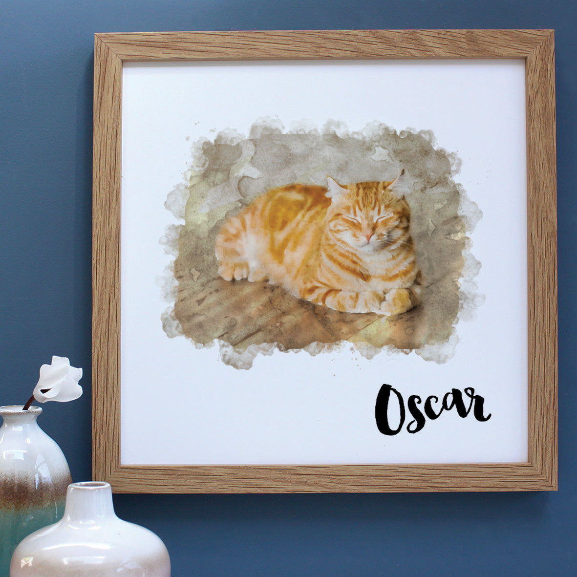 drawing of sleeping ginger cat in an oak wooden frame