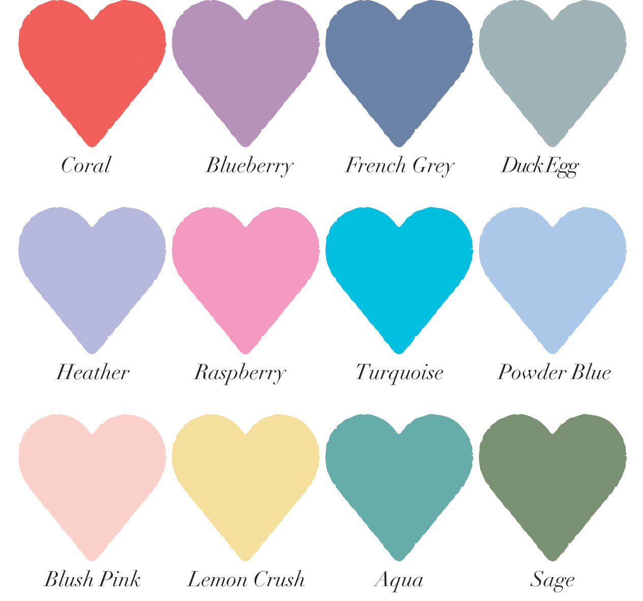 12 coloured heart swatches