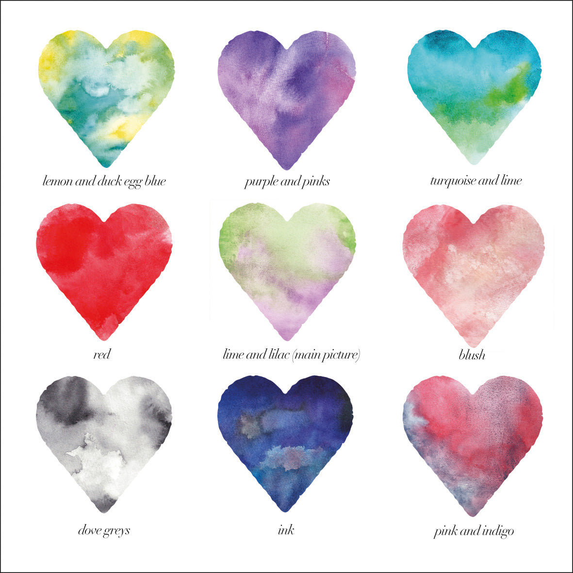 9 coloured heart swatches