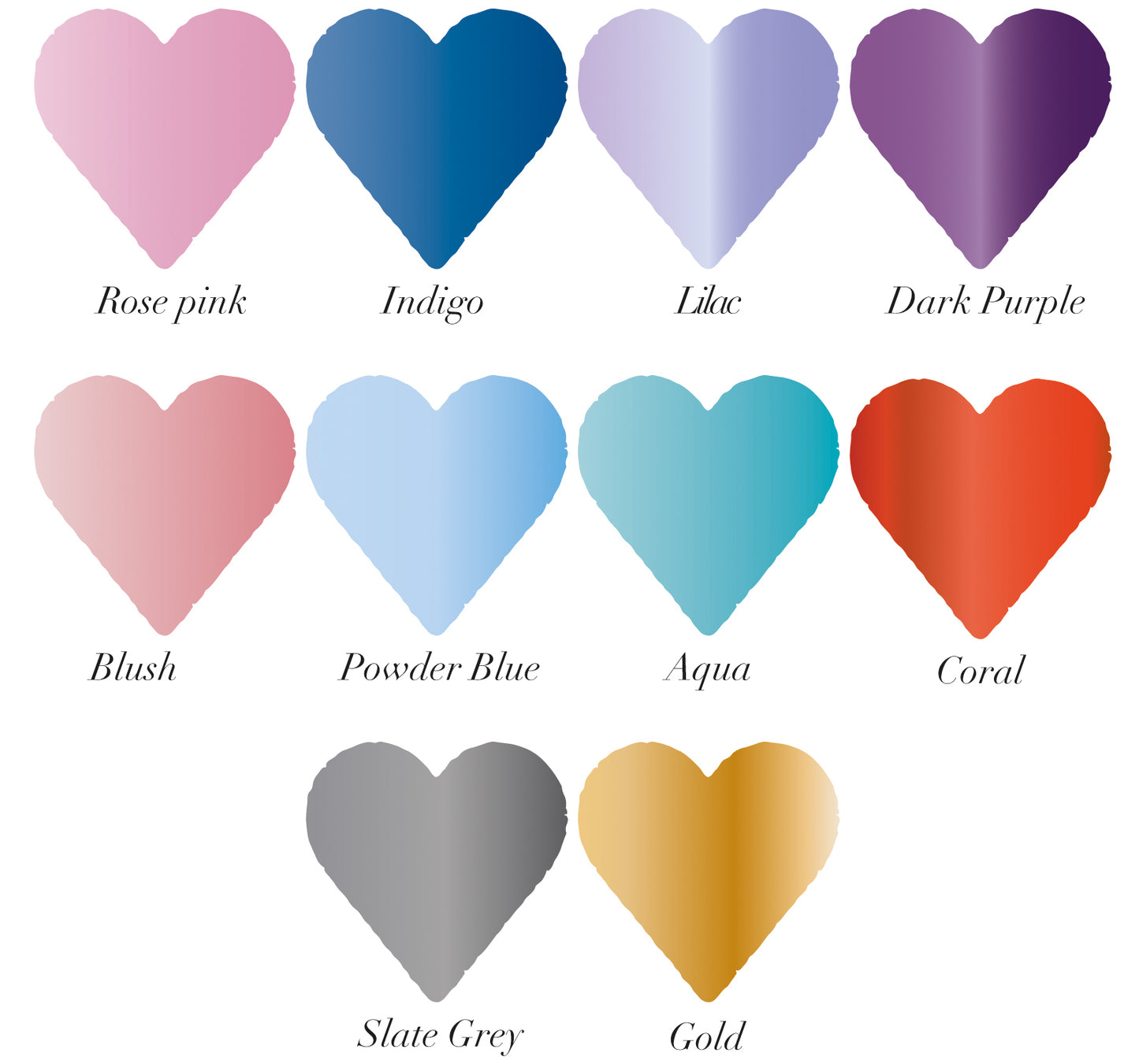 10 coloured heart swatches