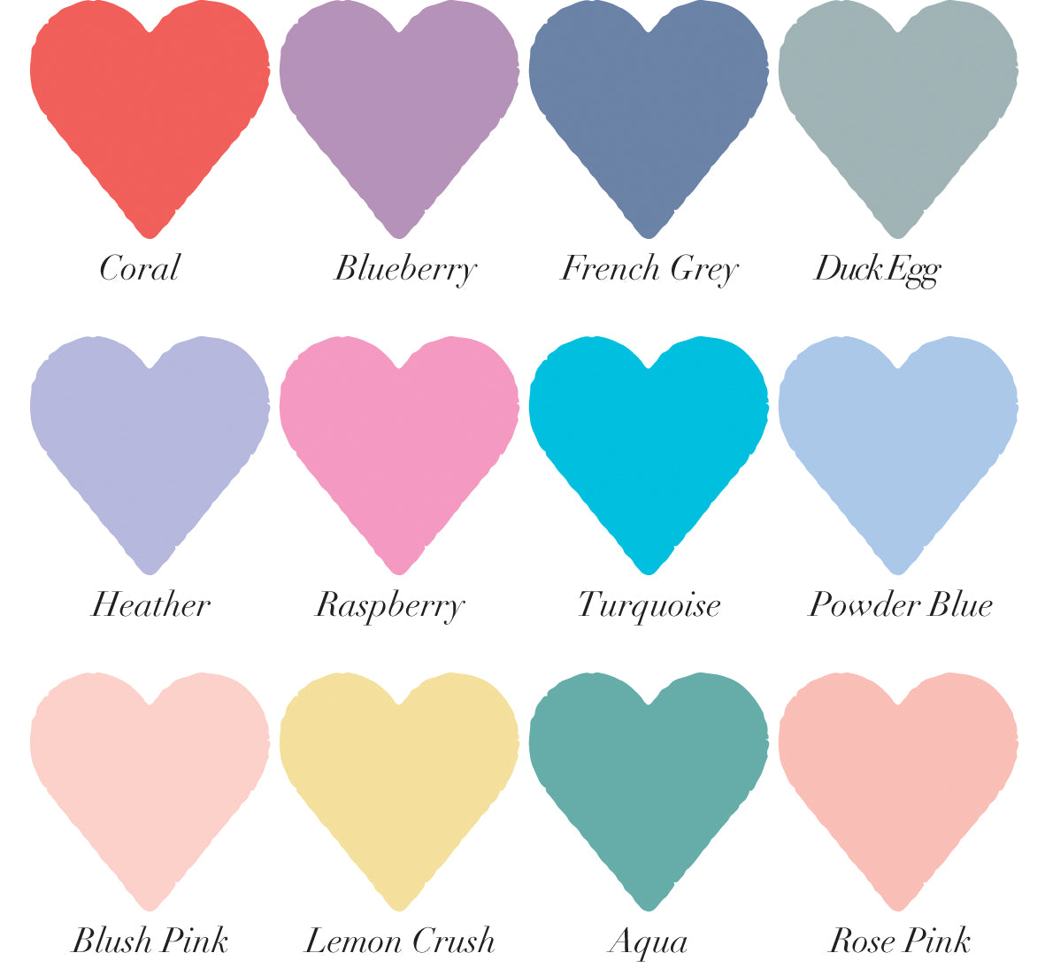 12 coloured heart swatches