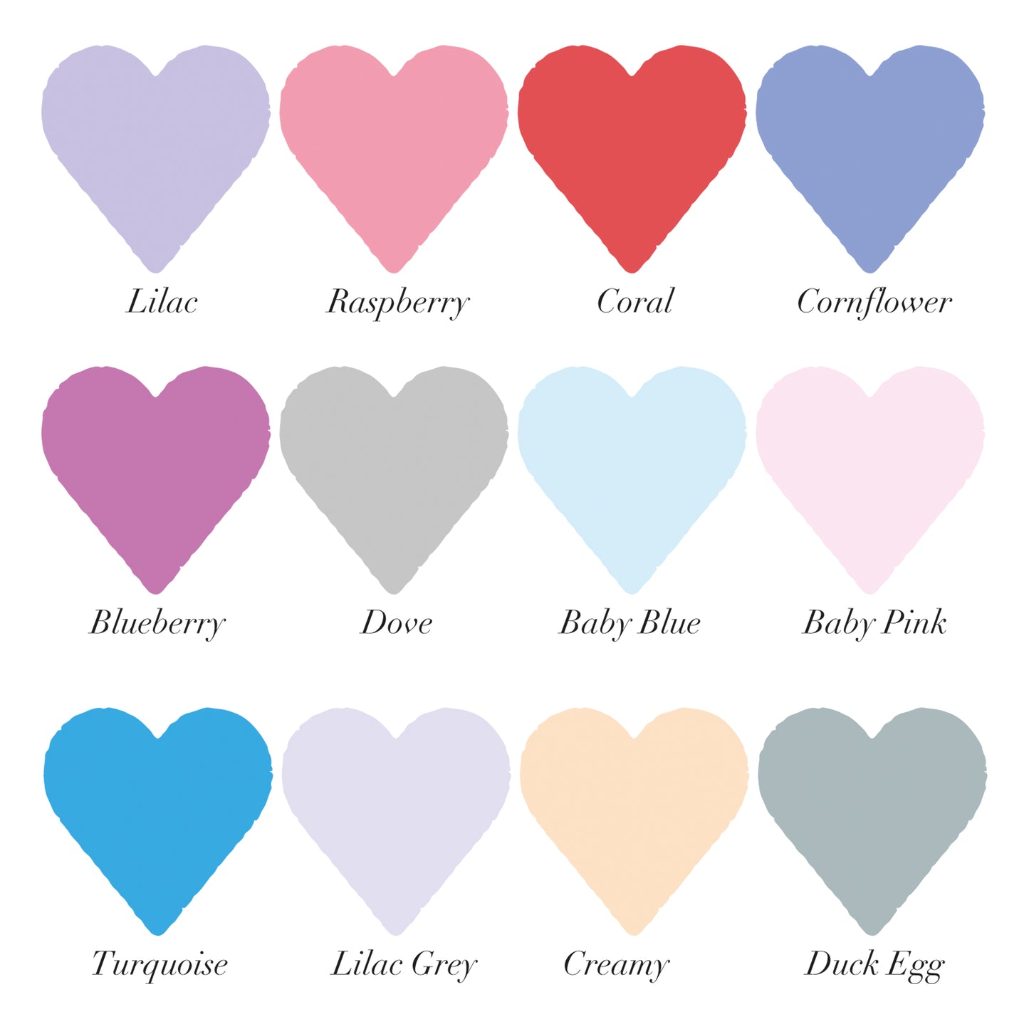 12 coloured heart swatches