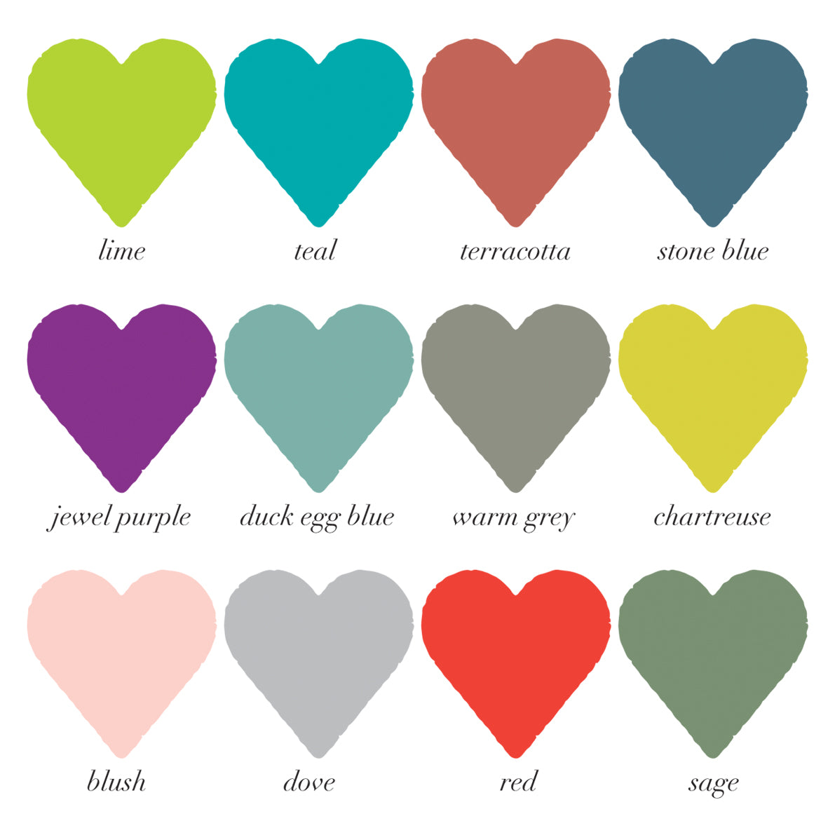 12 coloured heart swatches for birthday gift prints
