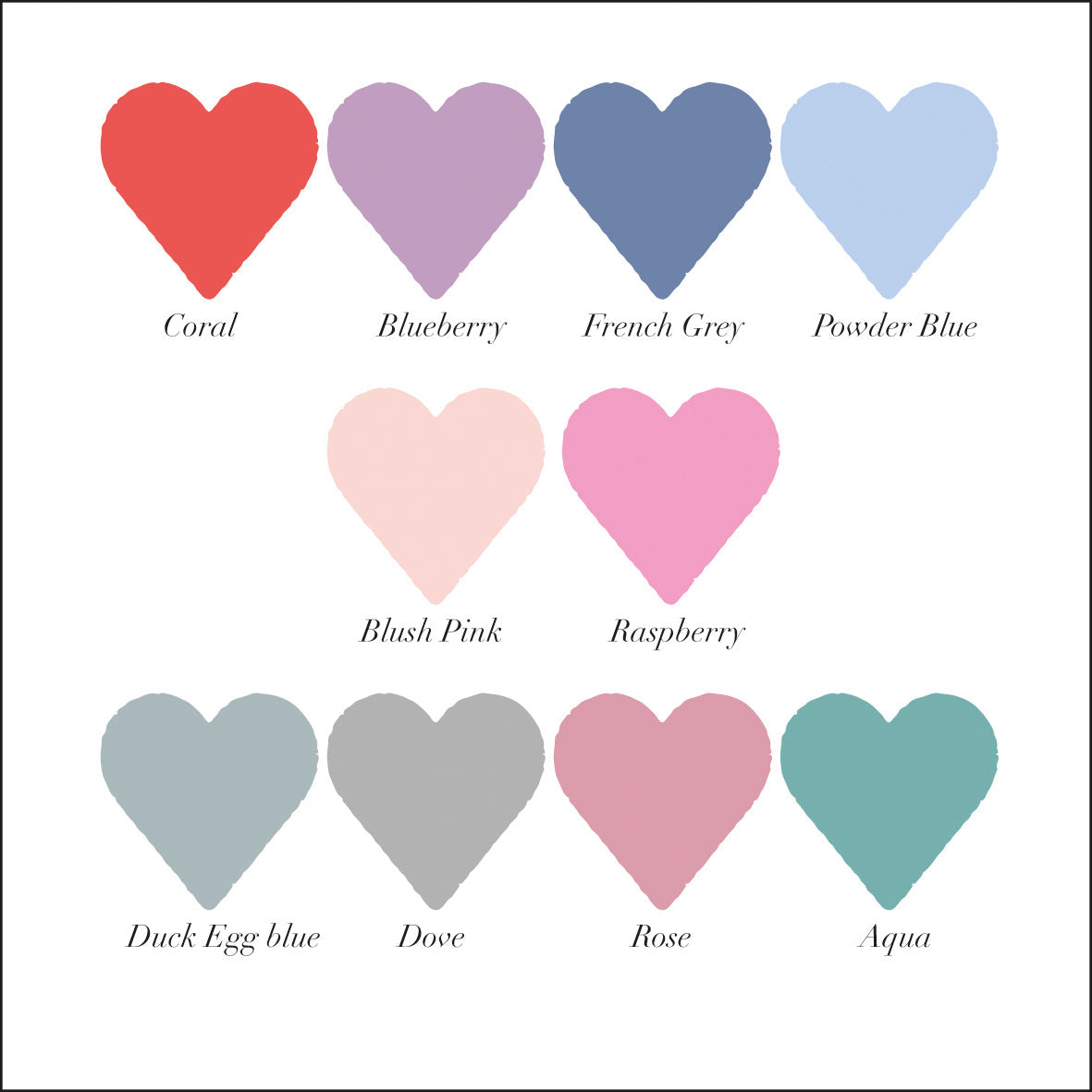 10 coloured heart swatches